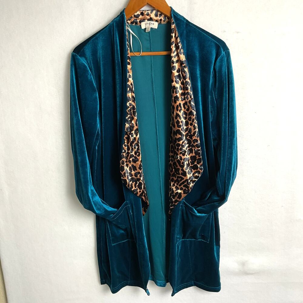 UmGee USA Womens Teal Velvet Cardigan with Animal Print lapel Long Sleeve Small - Picture 2 of 9